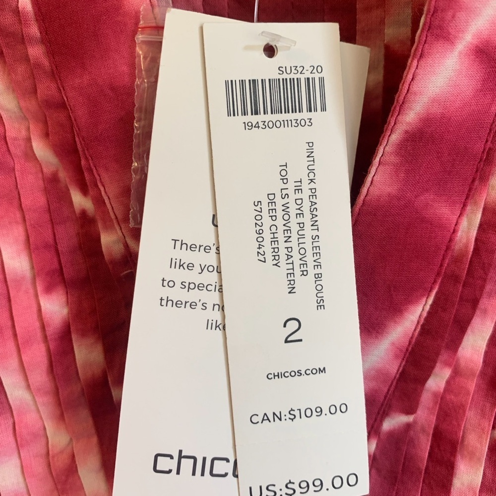 Chico's Magenta and Cream Tie-Dye Pintuck Tunic NWT Size 2 - Picture 2 of 3